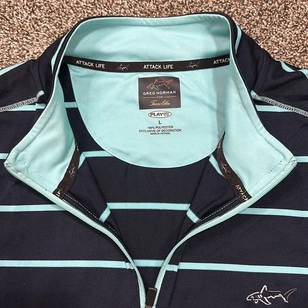 Greg Norman Tasso Elba navy and teal pullover 1/4 zip warm up golf shirt large